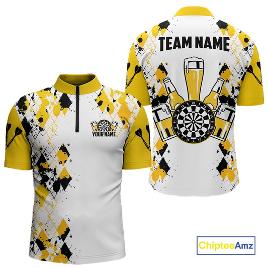 Custom Funny Beer Dart Shirt Argyle Dart Team Jersey for Men Dartboard Polo & Quarter-Zip Shirts DHT14