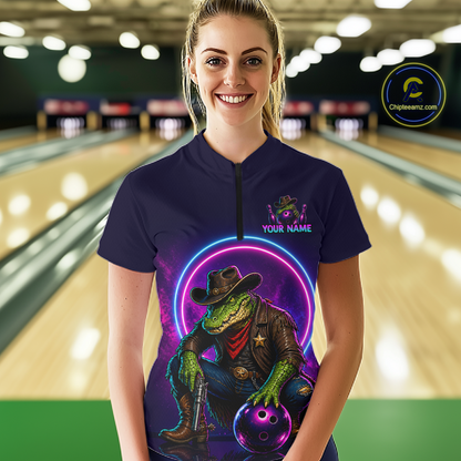 Custom Neon Cowboy Alliagator Bowling Shirt for Women Bowling Team Jersey Polo & 1/4-Zip Bowling Outfit QZT1013
