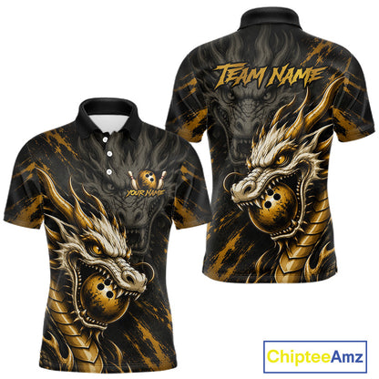 Front and back views of a short-sleeve polo shirt featuring a detailed black and gold dragon graphic design, with customizable text placeholders 'TEAM NAME' and 'YOUR NAME' on a white background.