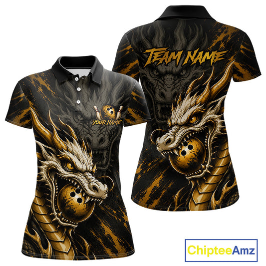 Front and back views of a short-sleeve polo shirt featuring a large gold and black dragon graphic, with customizable text placeholders on the chest and back, shown on a white background.