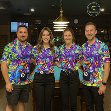 Load image into Gallery viewer, Four people wearing graffiti dinosaur shirts with dinosaur and pool ball designs in a pool hall.