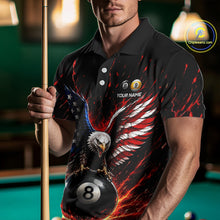 Load image into Gallery viewer, Person wearing a black polo shirt with an eagle and pool ball design, holding a pool cue in a billiards setting.