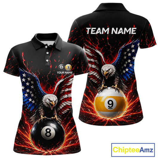 front and back views of polo shirt with eagle design, number 8 and 9 billiard balls, and 'Team Name' text on a white background.