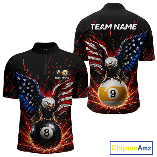 American flag quarter-zip jersey with eagle design and pool balls, customizable text on a white background