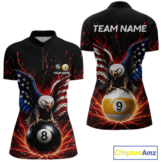 Front and back view of  jersey with eagle design holding pool balls, front and back views, on a white background.