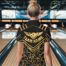 Load image into Gallery viewer, Female model wearing a custom black gold bowling polo shirt back view displaying the personalized team name above a golden winged bowling ball graphic at the bowling alley