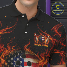Load image into Gallery viewer, Black polo shirt with fiery design and American flag, featuring a customizable name text overlay.