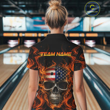 Load image into Gallery viewer, Person wearing a black shirt with a skull design and 'Team Name' text in a bowling alley.