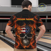 Load image into Gallery viewer, Man wearing a black shirt with a skull and American flag design, standing in a bowling alley.