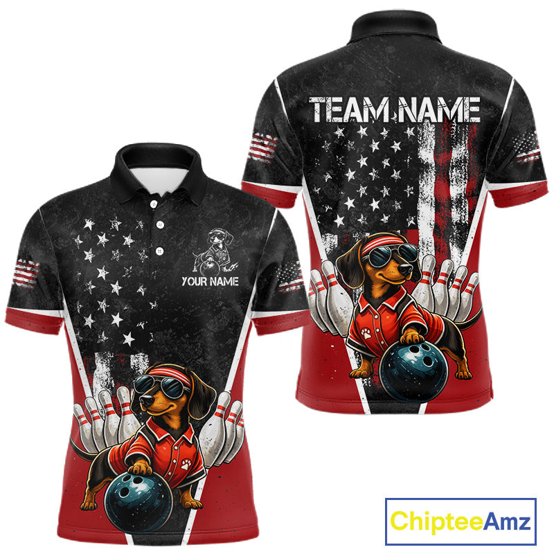 Front and back views of a short-sleeve polo shirt with a bowling-themed graphic featuring a dachshund wearing a red bowling shirt and holding a bowling ball, set against an American flag background. The front shows a dog graphic with the text 'YOUR NAME' and 'TEAM.