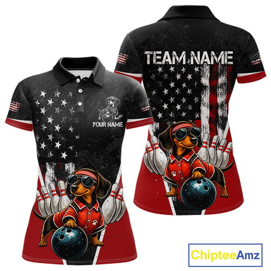 Custom short-sleeve polo shirt shown from front and back, featuring a black, white, and red American flag design with a cartoon dachshund bowling dog graphic, team name text on the back, and personalization options on the front.
