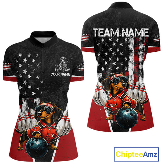 Custom short-sleeve quarter-zip jersey shown from the front and back, featuring a black American flag background with a dachshund bowling dog graphic in red, white, and black. The front has a zipper collar, short sleeves with red cuffs, a dog graphic with bowling pins, and placeholder text.