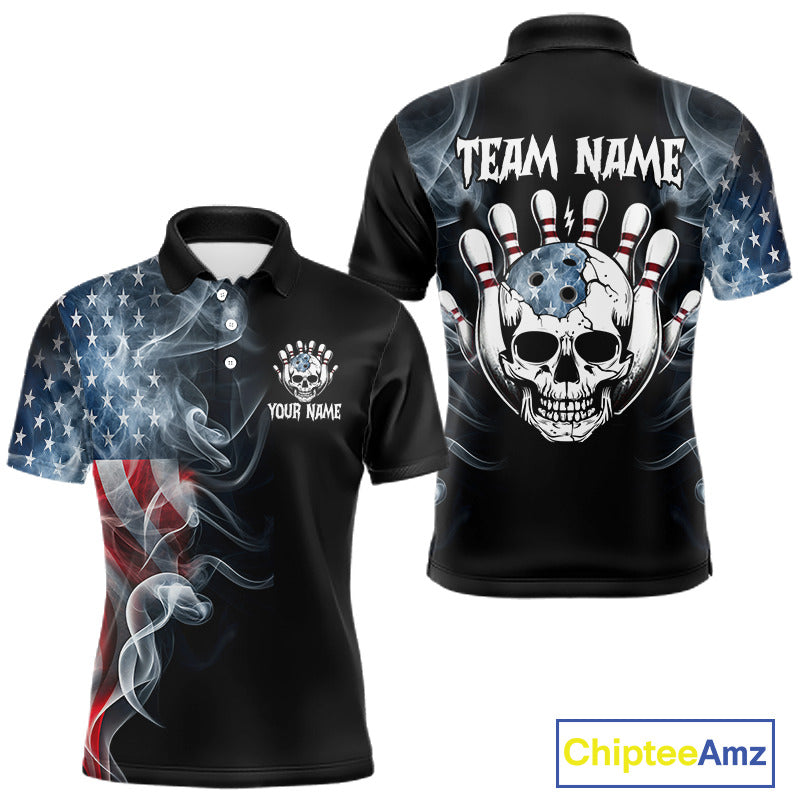 Front and back views of a customizable black polo shirt with a patriotic American flag design, featuring a skull and bowling pins graphic on the back and a skull crest on the front.