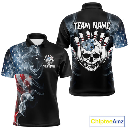 Front and back views of a customizable black polo shirt with a patriotic American flag design, featuring a skull and bowling pins graphic on the back and a skull crest on the front.