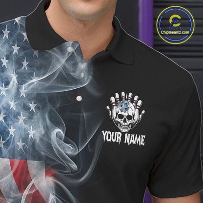 A man wearing a black short-sleeve polo shirt with a custom graphic on the chest. The graphic features a white skull and hand holding bowling pins, with the text 'YOUR NAME' below it.