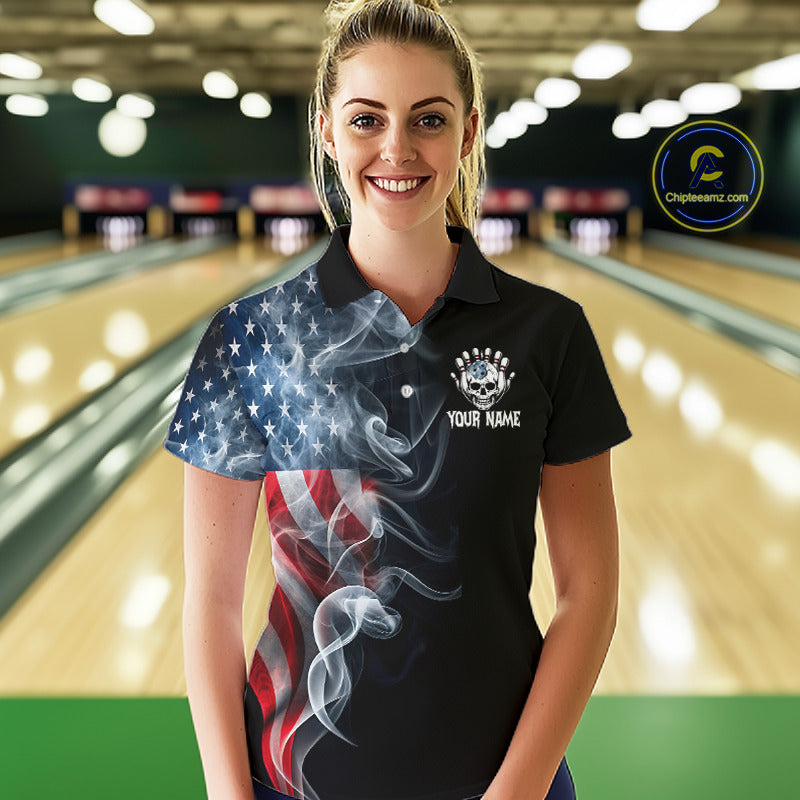 Custom American Flag Skull Bowling Team Jersey for Women Bowling Shirt Bowling Outfit QZT1191