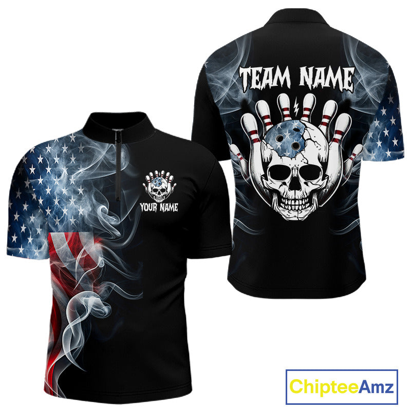 Black short-sleeve quarter-zip shirt shown from front and back on a white background. The front has a quarter zip, a white chest crest with placeholder text, and a smoky American flag graphic on the lower body and right sleeve.