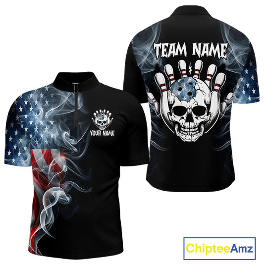 Black short-sleeve quarter-zip shirt shown from front and back on a white background. The front has a quarter zip, a white chest crest with placeholder text, and a smoky American flag graphic on the lower body and right sleeve.