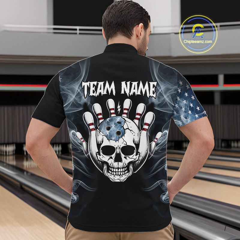 A man viewed from behind wearing a black short-sleeve bowling-themed polo shirt with a large skull and bowling pins graphic on the back, white 'TEAM NAME' text, and a U.S.
