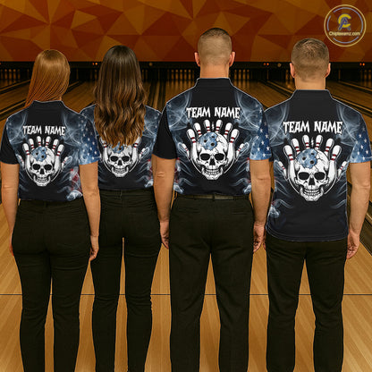 Four people standing from the back in a bowling alley, wearing matching dark navy bowling shirts with a large white skull and hand graphic, American flag details, and 'TEAM NAME' text on the back.
