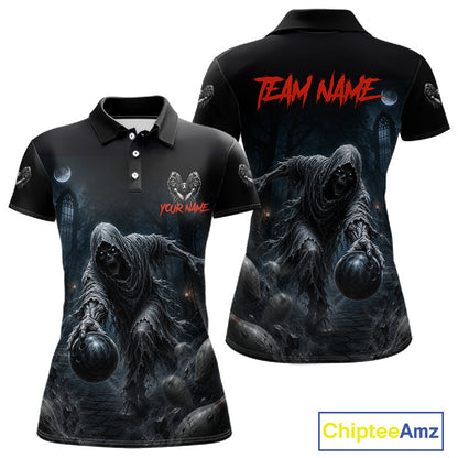 Black short-sleeve polo shirt shown from front and back on a white background, featuring a dark horror-style graphic of a hooded figure holding a ball, red 'TEAM NAME' text on the back, and customizable text/logo areas on the chest and sleeve.