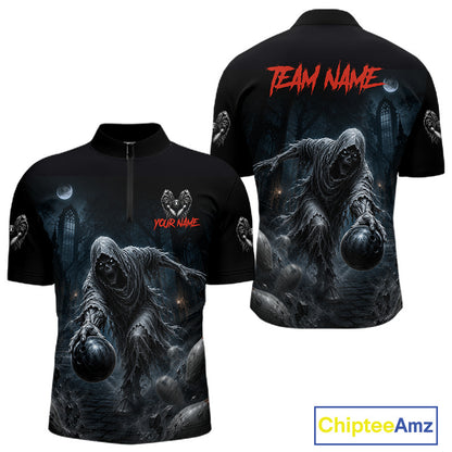 Black short-sleeve polo shirt shown from the front and back, featuring a dark grim reaper graphic with glowing orbs and red customizable text reading 'TEAM NAME' and 'YOUR NAME'.
