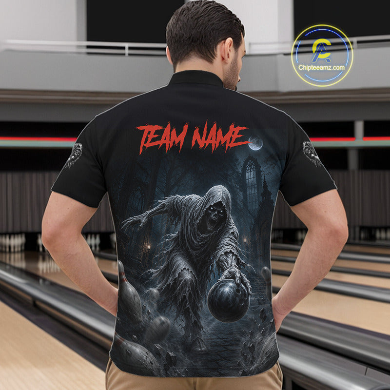 A man viewed from behind wearing a black short-sleeve bowling shirt with a large horror-themed graphic on the back. The shirt features red 'TEAM NAME' text and a dark grim reaper holding a bowling ball.