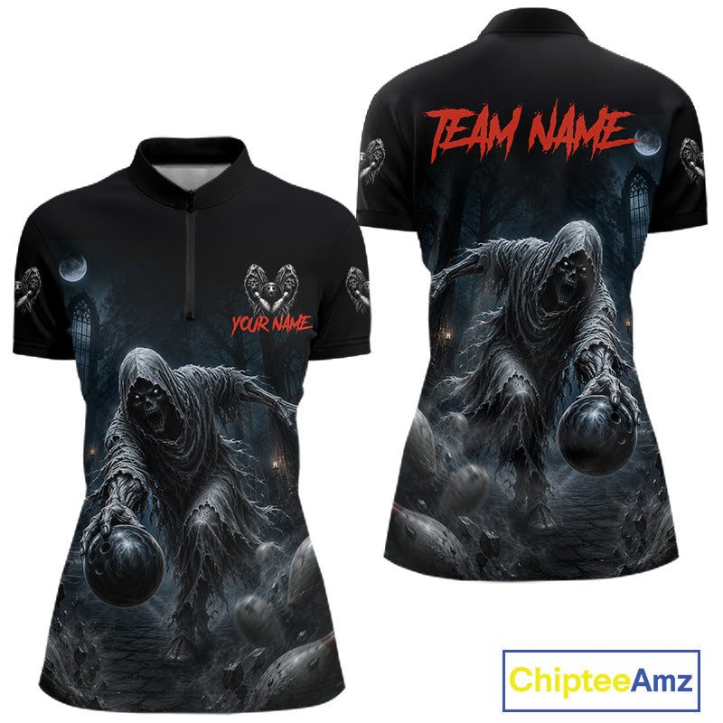 Front and back views of a black short-sleeve quarter-zip shirt featuring a dark gothic horror print of a hooded figure holding a ball, with red 'TEAM NAME' text on the back and customizable chest graphics.