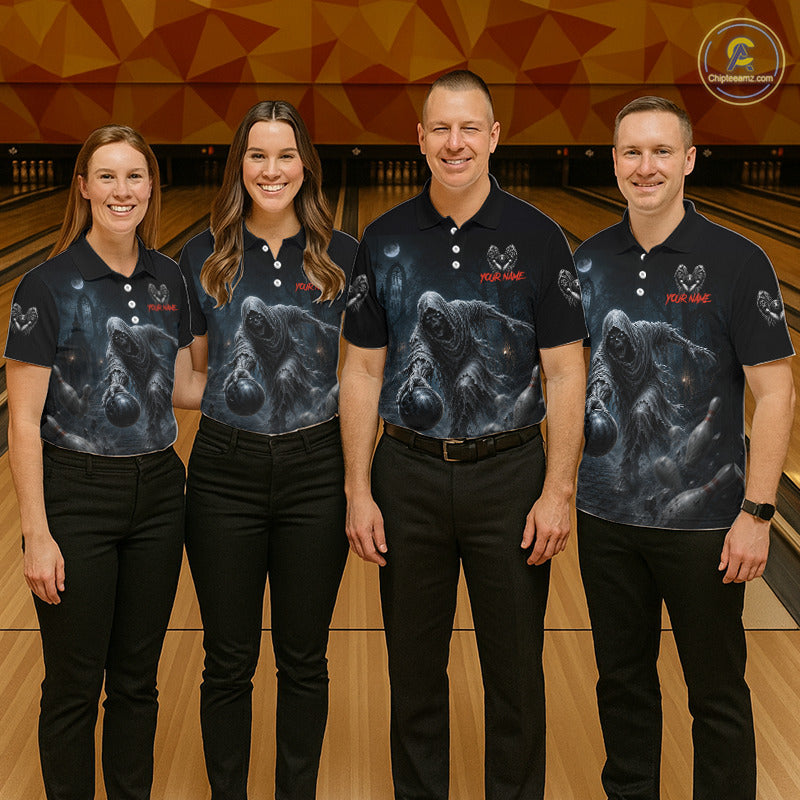 Four people standing together in a bowling alley wearing matching dark navy polo shirts with a large black-and-gray gorilla print and red 'Poncho' branding on the chest, paired with black pants.