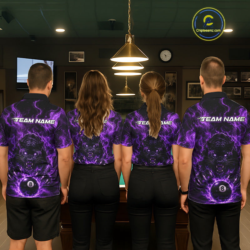 Four people standing with their backs to the camera in a billiards room, wearing matching purple and black racing-style shirts with 'TEAM NAME' and a dollar-sign graphic on the back.