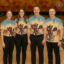 Load image into Gallery viewer, Four people wearing matching bowling shirts with a red crawfish design on a bowling alley.