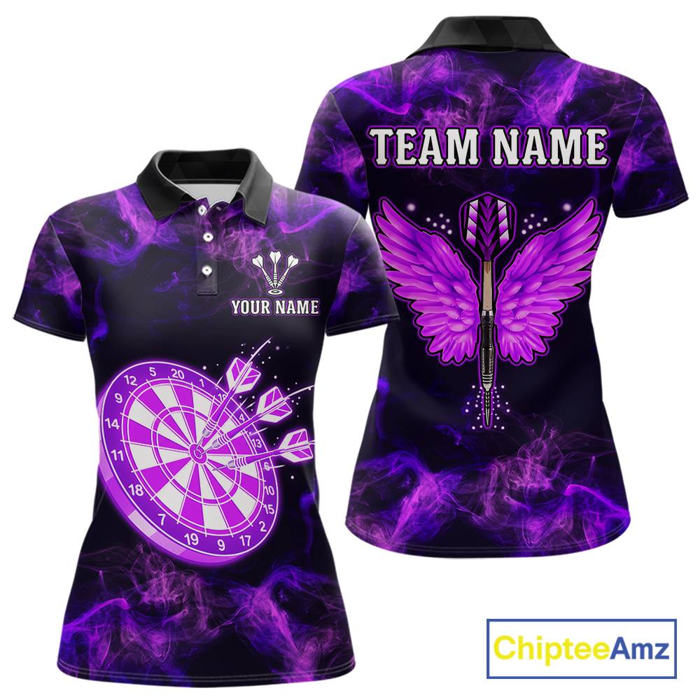 Custom Purple Flame Neon Dart Shirts Wings Dart Jersey Dartboard Shirt for Women DHT21