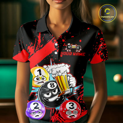 Custom Red Funny 8 Ball Pool Billiard Team Shirts for Women Billiard League Jersey Polo &1/4 Zip BHT2