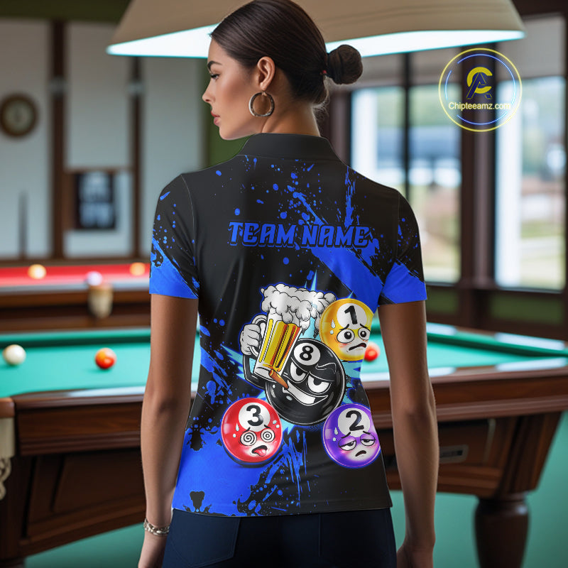 Custom Blue Funny 8 Ball Pool Billiard Team Shirts for Women Billiard League Jersey Polo &1/4 Zip BHT2