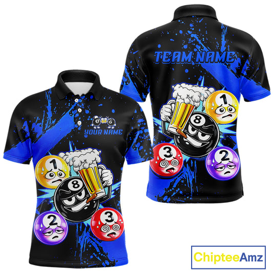 Custom Blue Funny 8 Ball Pool Billiard Team Shirts for Men Billiard League Jersey Polo &1/4 Zip BHT2