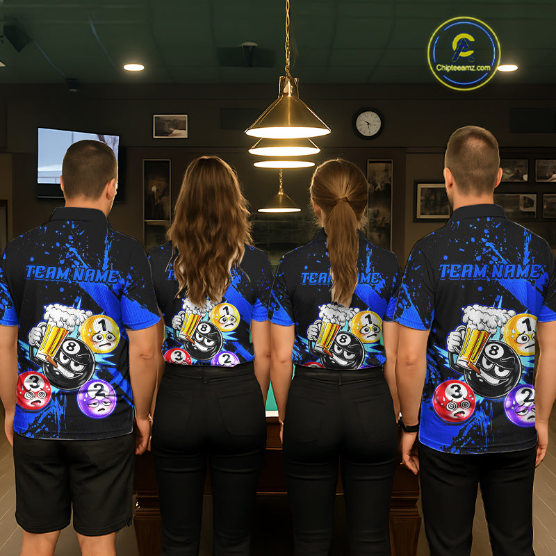 Custom Blue Funny 8 Ball Pool Billiard Team Shirts for Men Billiard League Jersey Polo &1/4 Zip BHT2