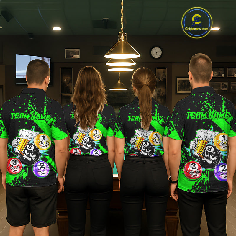 Custom Green Funny 8 Ball Pool Billiard Team Shirts for Women Billiard League Jersey Polo &1/4 Zip BHT2