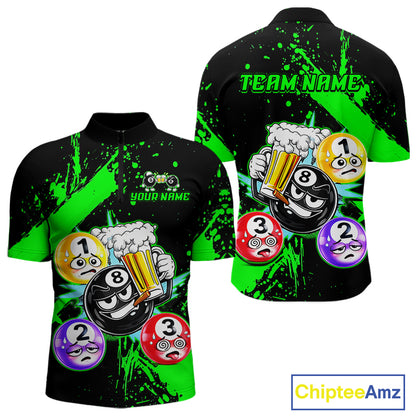 Custom Green Funny 8 Ball Pool Billiard Team Shirts for Men Billiard League Jersey Polo &1/4 Zip BHT2