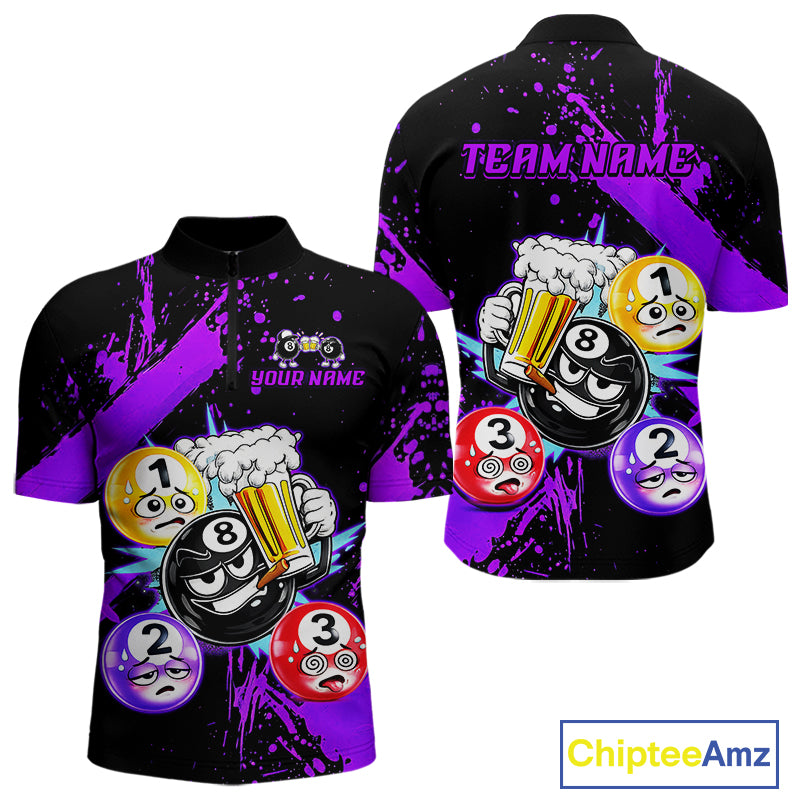 Custom Purple Funny 8 Ball Pool Billiard Team Shirts for Men Billiard League Jersey Polo &1/4 Zip BHT2