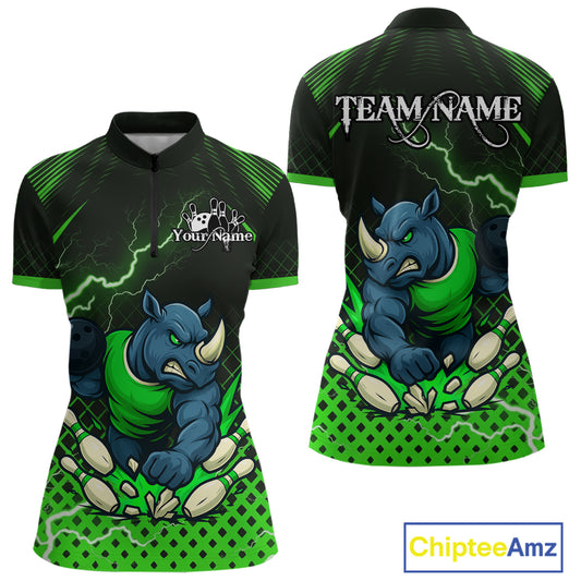 Custom Funny Green Rhino Bowling Team Shirt for Women Bowling Jersey Polo, Quarter-Zip Outfit QZT805