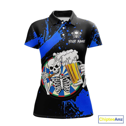 Custom Blue Skeleton Dart Jersey for Team Polo & 1/4 Zip Beer Dartboard Shirts Dart Jerseys Gift for Women DHT3
