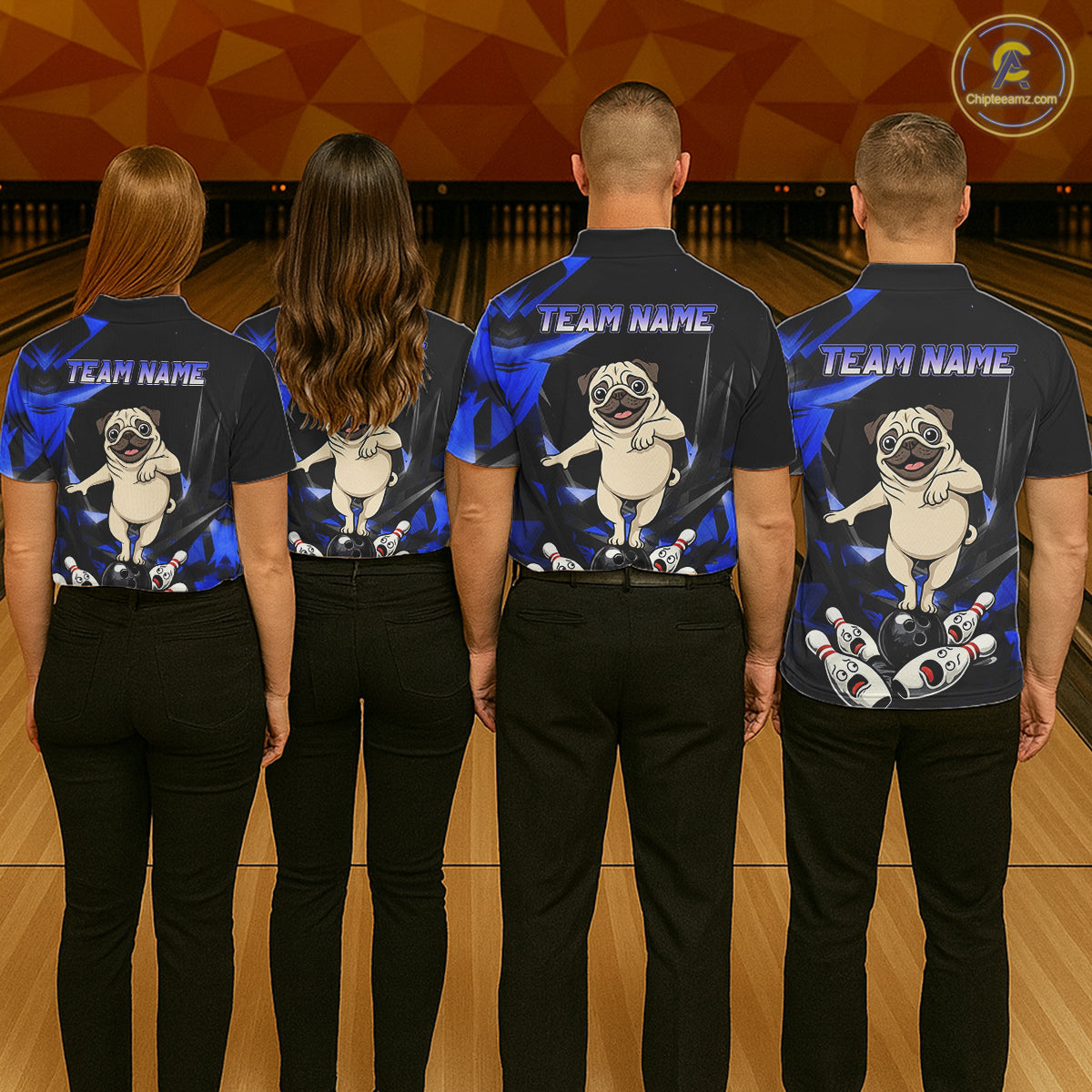 Custom Blue Funny Pug Dog Bowling League Shirt for Men Polo & 1/4-Zip Bowling Jersey for Team QZT906