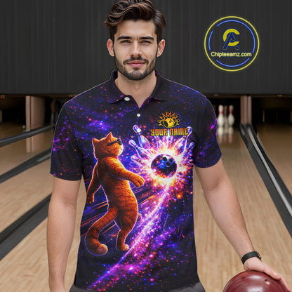 Galaxy Funny Cat Bowling Shirt for Men Custom Bowling League Jersey Polo & Quarter-Zip Bowler Gift QZT918