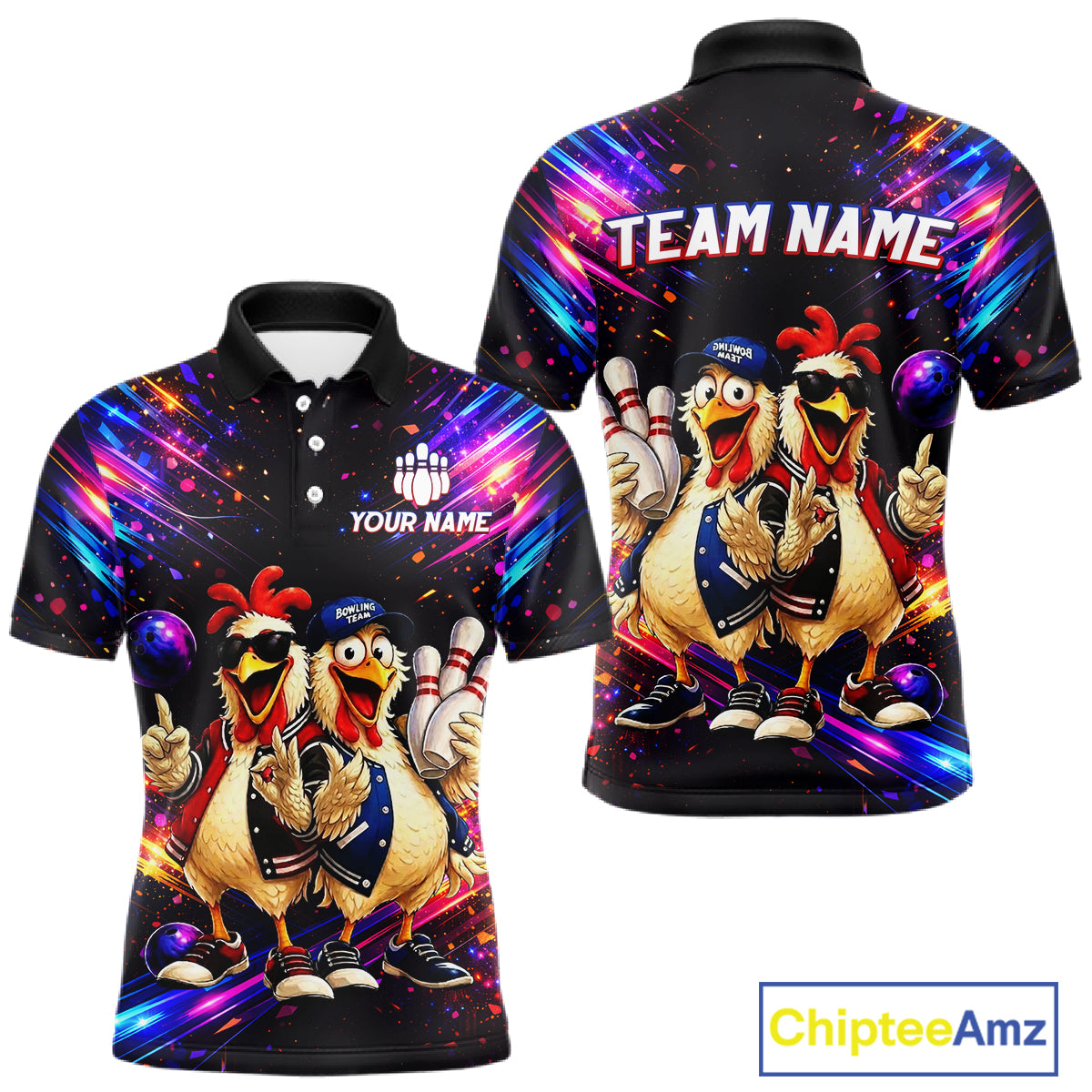 Custom Neon Funny Chicken Bowling Team Jersey for Men Bowling Shirt Bowling Tournament Polo & 1/4-Zip QZT956