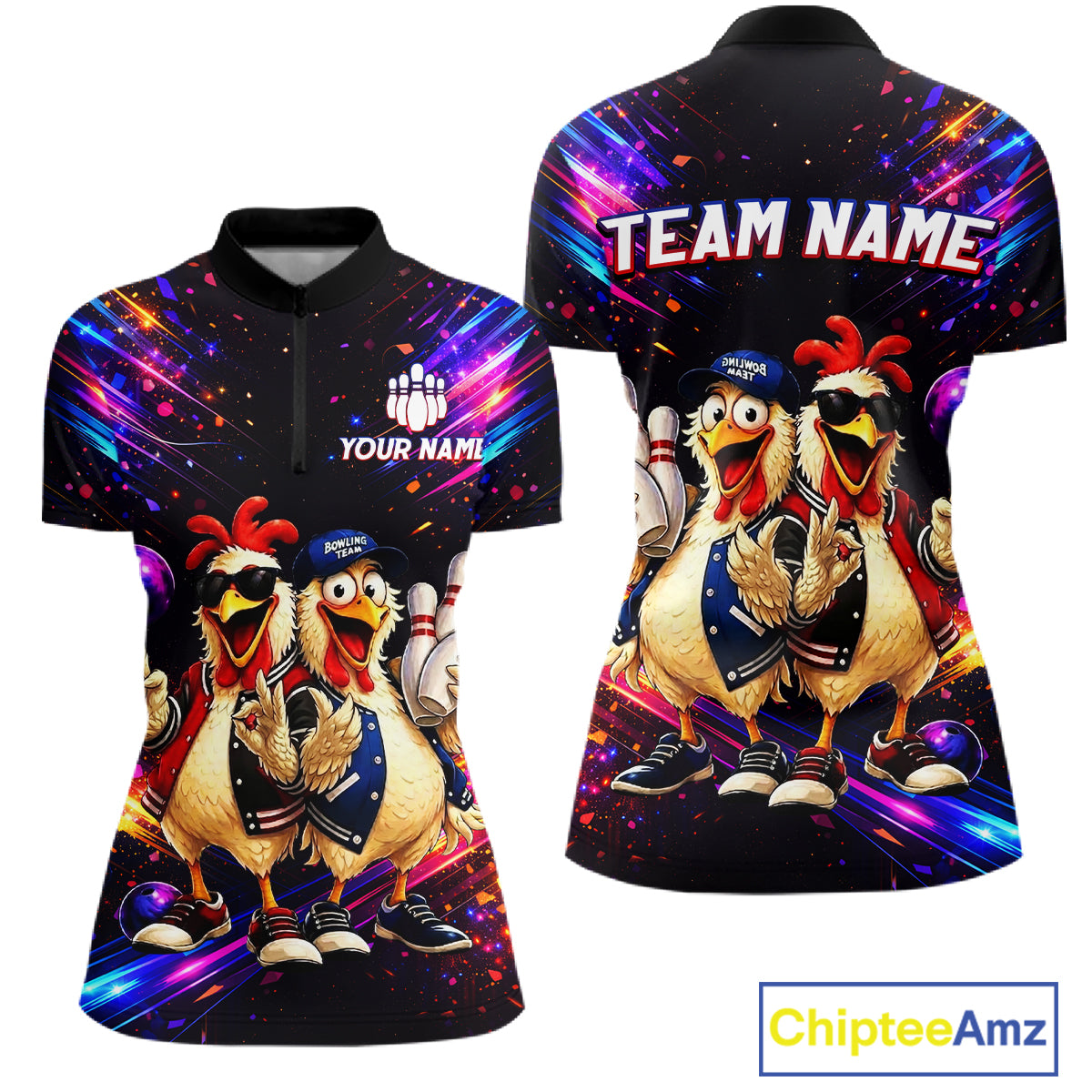 Custom Neon Funny Chicken Bowling Team Jersey for Women Bowling Buddy Shirt Bowling Tournament Polo & Quarter-Zip QZT956