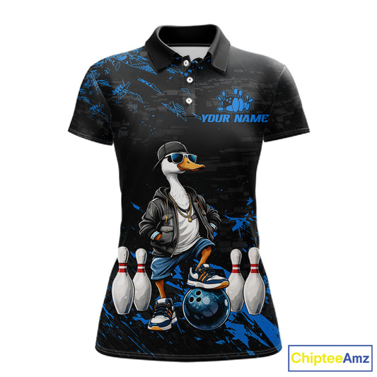 Personalized Blue Funny Goose Bowling Team Shirt for Women Bowling League Jersey Polo & 1/4-Zip QZT877