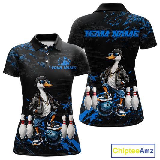 Personalized Blue Funny Goose Bowling Team Shirt for Women Bowling League Jersey Polo & 1/4-Zip QZT877