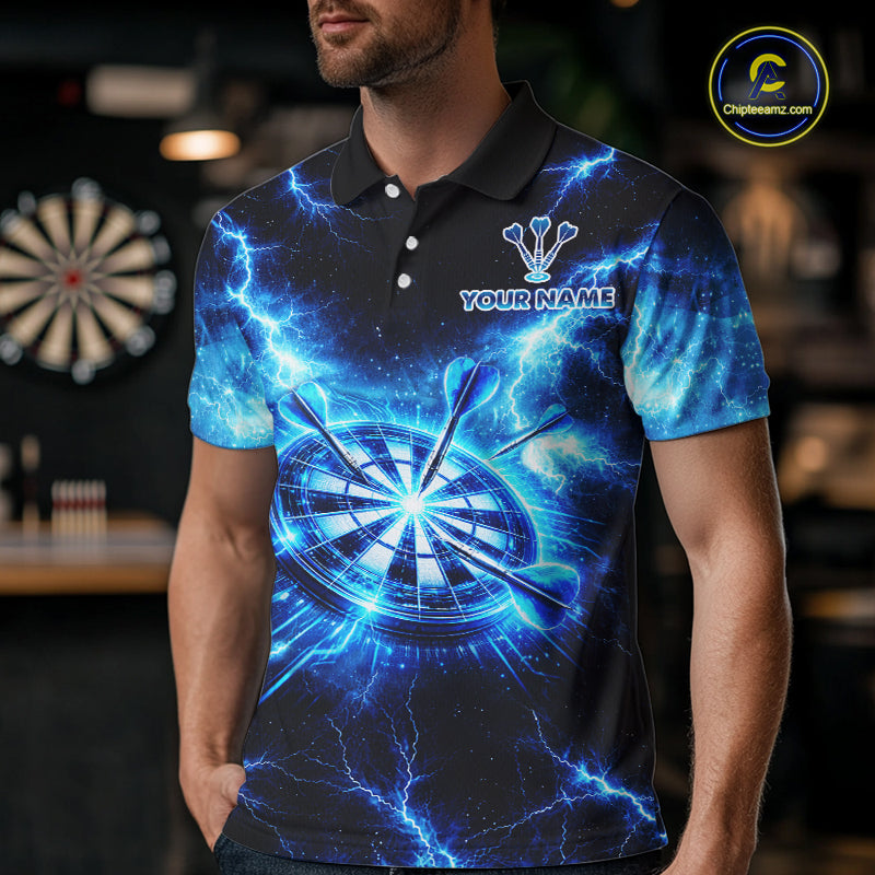 Custom Blue Lightning Thunder Dart Team Shirt for Men Dart Jersey Dartboard Shirt DHT35