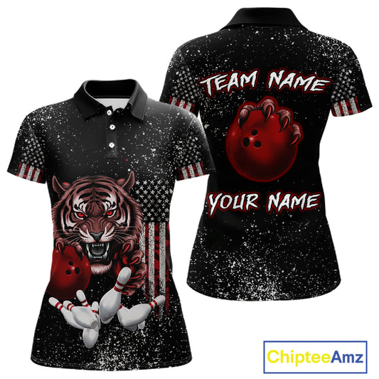 Custom American Flag Bowling Shirt Tiger Bowling Jersey League Polo & 1/4 Zip Bowling for Women QZT835