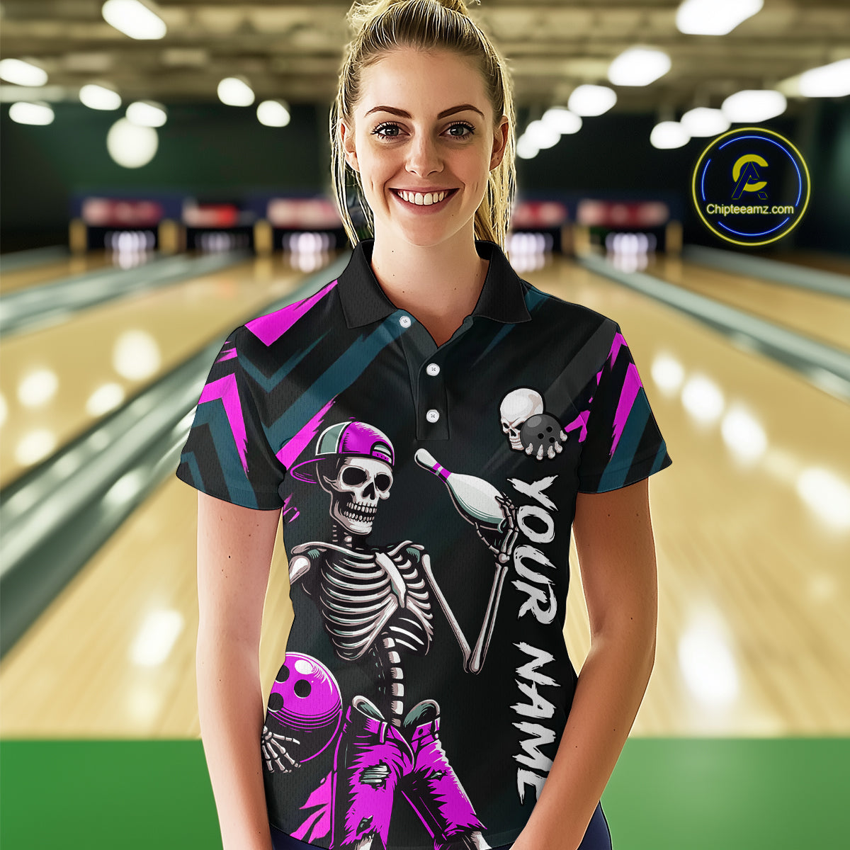 Custom Pink Skull Bowling Team Shirt for Women Polo & 1/4 Zip Bowling League Jersey Bowling Gift QZT794